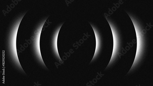 Minimalist black and white abstract design with a repeating glowing light ring effect, with a subtle noise texture.