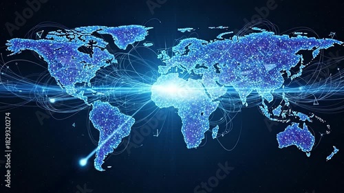 Abstract Digital World Map Animated in Blue with Glowing Dots and Lines on Black Background