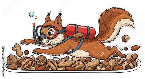 Adventurous Cartoon Squirrel Wearing Scuba Gear, Snorkel and Oxygen Tank, Ready for Underwater Diving