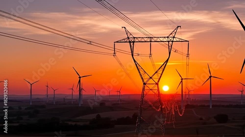 Silhouette of Power Lines and Wind Turbines Against an Orange Sunset Sky with Sun in the Center