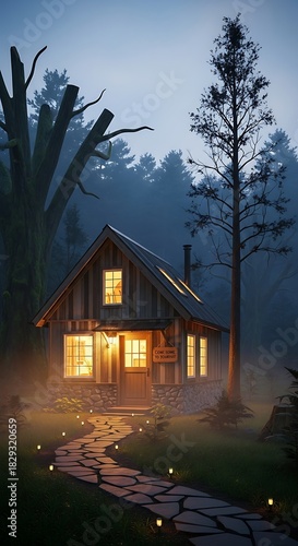 A serene cabin nestled among trees, illuminated by soft lights, viewed from a winding path at dusk.