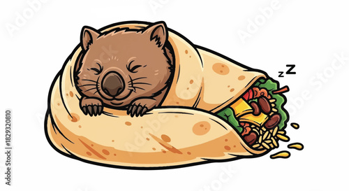 Funny Cartoon Wombat Sleeping Cozily Wrapped Up Inside a Large Savory Food Burrito, Mexican Food Concept
