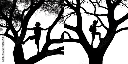 Black silhouette of a child climbing a tree, adventurous movement with detailed branches, transparent background.svg