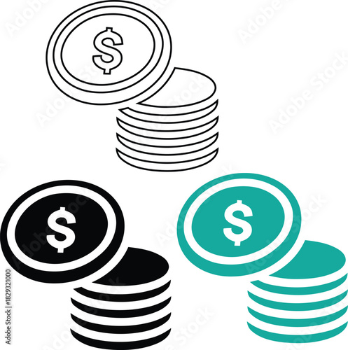 Stacked Dollar Coins Icons in Three Styles money currency