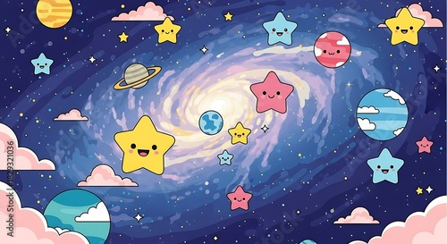Cartoon galaxy with planets and smiling stars on a colorful background