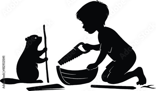 Child and Beaver Woodworking Silhouette Clipart