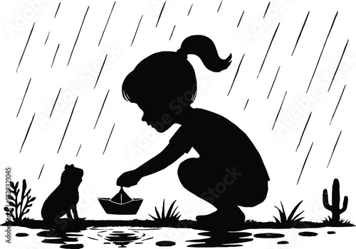 Girl Playing in Rain with Frog Silhouette Art