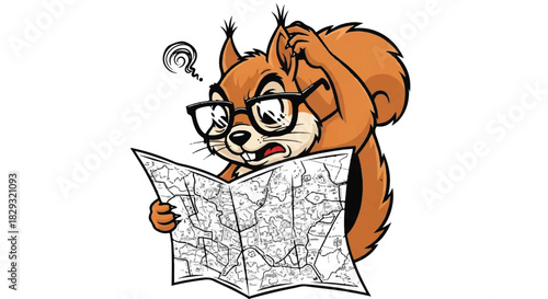 Smart and Confused Cartoon Squirrel Wearing Glasses and Reading a Large Detailed Map, Adventure and Travel Concept