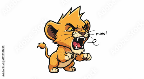 Fierce and Angry Little Lion Cub Roaring and Shouting "Mew!", Funny Cartoon Baby Wild Animal Illustration