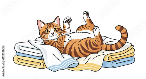Lazy Orange Tabby Cat Relaxing and Stretching on a Soft White Bed, Happy Feline Character Napping and Sunbathing