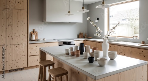 Modern kitchen interior with island, stools, and decorative items under soft lighting