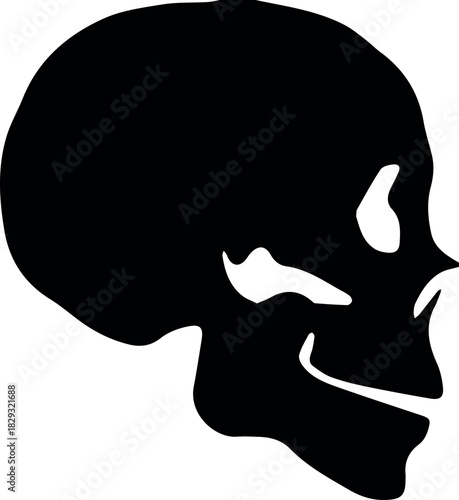 Black silhouette of a human skull on a white background
