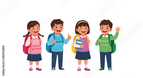 Line of Diverse Elementary School Children with Backpacks and Lunch Bags