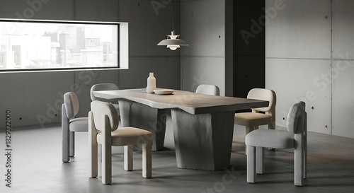 Modern dining setup in a minimalist room with a wooden table and chairs viewed from an angle