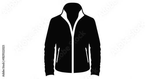 A striking black and white illustration of a zipped hooded jacket emphasizing form silhouette