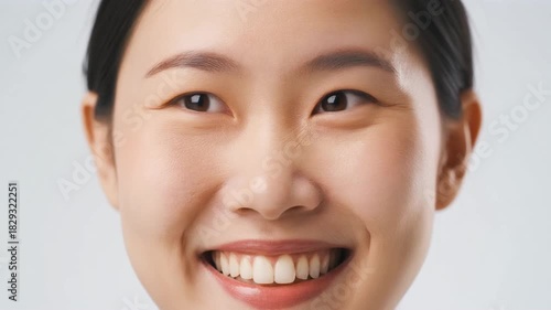 Close-up of a young Asian woman looking up against a white isolated background.