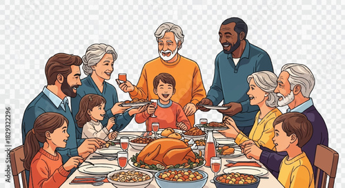 Multi-Generational Family Gathering and Eating Dinner Around a Large Table