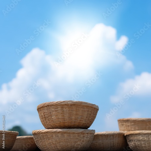 Traditional market with woven baskets, Sunshine and blue sky