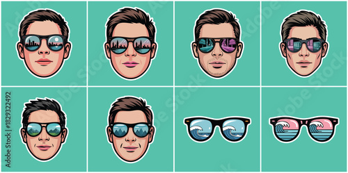 Stylish Men's Faces with Sunglasses Illustration Set: Collection of 8 Cool Portraits Featuring Ocean Reflection, Ideal for Summer Fashion, Travel Lifestyle, and Holiday Resort Branding Graphics