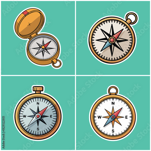 Reliable Navigation Compass Device Illustration Set: Collection of Four Detailed Orientation Tools for Adventure and Direction Finding, Essential for Travel, Exploration, and Discovery Graphics