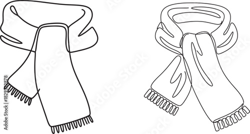 Two hand drawn line art illustrations of scarves with fringed ends