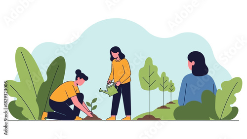 Diverse Women Planting Trees and Gardening for Environmental Sustainability Illustration