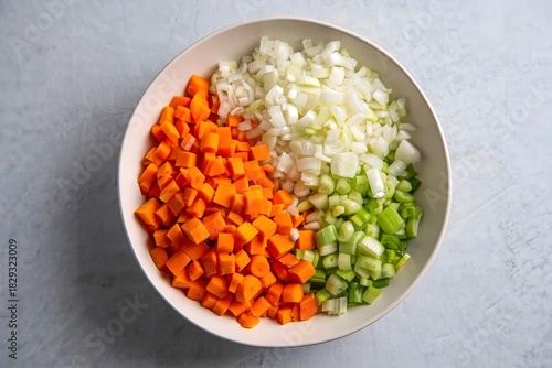 Diced Vegetables in White Bowl - Carrot, Onion, Celery