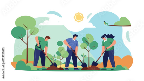 Volunteers Planting Trees Together Outdoors for Environmental Sustainability and Earth Day Concept Illustration