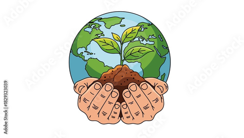 Hands Holding Earth and Sprouting Plant Symbolizing Environmental Protection and Global Growth