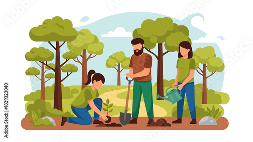 Volunteers Planting Trees Outdoors Community Reforestation and Environmental Care Illustration