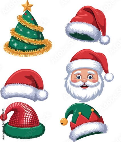 Christmas and Holiday Costume Set, Santa Hats, Christmas Tree Hat, and Santa Claus Face