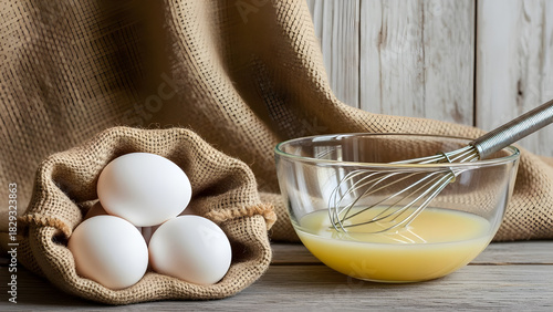 Fresh farm eggs in a burlap sack next to a glass bowl with whisked eggs and a rustic background