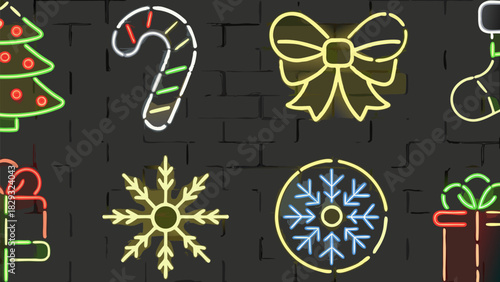 Festive neon Christmas icons set against a cool brick wall create a modern and stylish holiday vibe