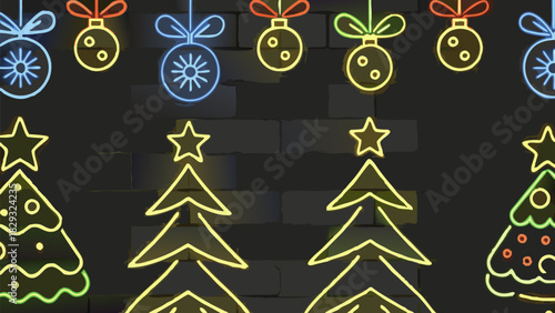 Festive neon Christmas trees and ornaments bring holiday cheer with a modern, vibrant touch for seasonal designs