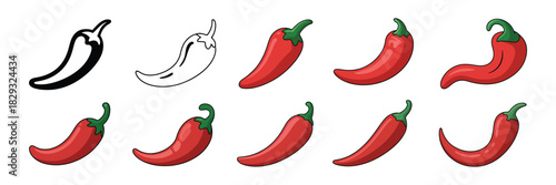 Red Hot Chili Pepper Icons Set In Clean Vector Illustration Featuring Natural Spicy Peppers For Asian And Mexican Food Design With Isolated Transparent Background And Modern Culinary Artwork