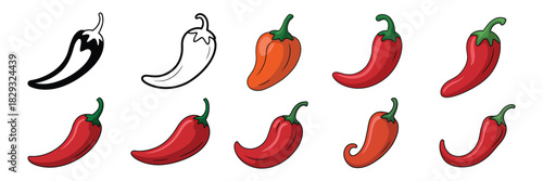 Red Hot Chili Pepper Icons Set In Clean Vector Illustration Featuring Natural Spicy Peppers For Asian And Mexican Food Design With Isolated Transparent Background And Modern Culinary Artwork