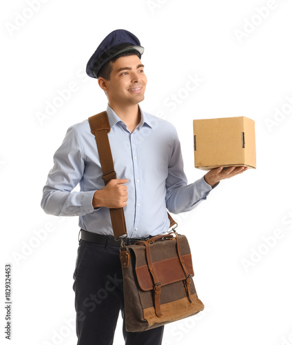 Young postman with parcel o...