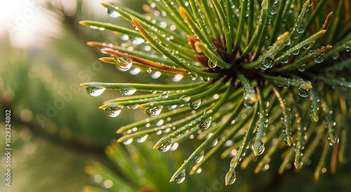 Close-up of water droplets on vibrant green pine needles, natures beauty.