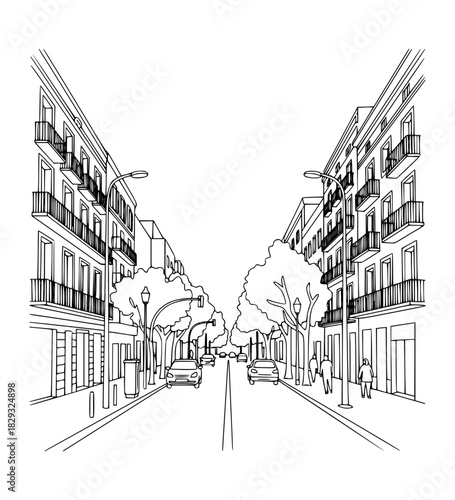 Eixample district, known for daily life, Carrer d'Aragó Street Line Art