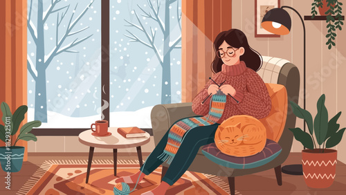Woman knitting scarf while sitting on sofa with cute cat beside, view of snowfall from the window, concept for hobby illustration, relaxation design and winter mood