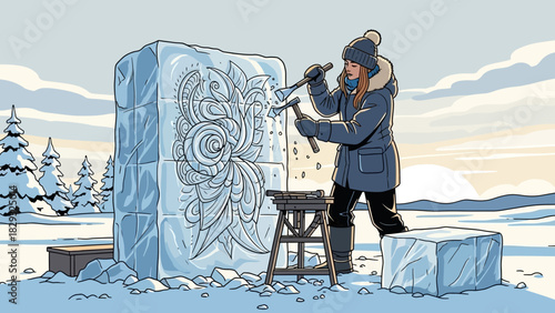 Skilled female artist carving ice sculpture with tools outdoor in winter. Concept for winter festival event, creative hobby and artistic expression