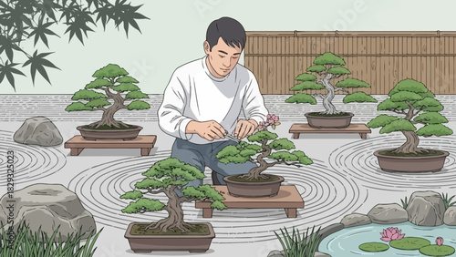Asian man carefully pruning bonsai tree in a zen garden illustration, concept for relaxation hobby, traditional garden design and cultural appreciation