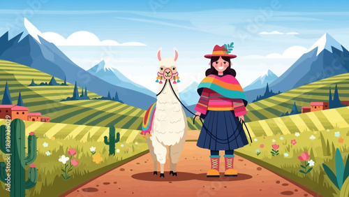 llustration of a peruvian woman with llama at andes mountain background. Concept for tourism promotion, indigenous culture and travel adventure