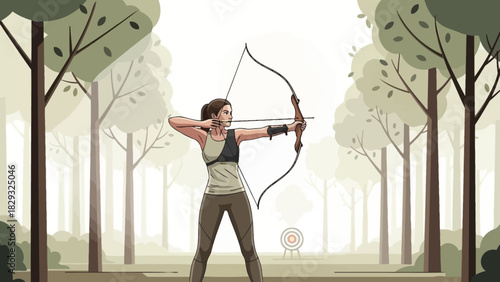 Illustration of a woman aiming arrow with bow towards target in forest. Concept for archery sport, outdoor adventure and skill development