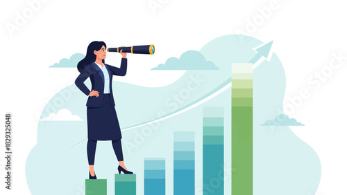 A businesswoman looking through a telescope while standing on a rising graph bar, concept for market research, financial forecasting and business strategy