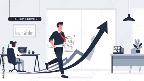 Architect with floor plan in office interior with growth chart and coworker. Concept for real estate development, architectural visualization and project presentation