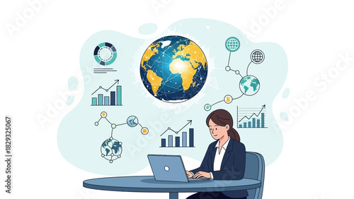 Female marketing director analyzes global business using laptop surrounded by graphs, concept for corporate report, international trade and financial analysis