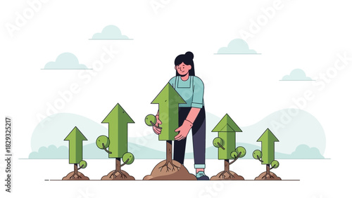Illustration of female entrepreneur holding up an arrow shaped plant to symbolize growth, concept for business development, investment and startup