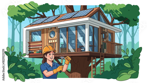 Female engineer building a treehouse with solar panels and using a hammer, with forest background, concept for sustainable living, home design and outdoor recreation