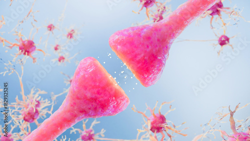 Fototapeta Naklejka Na Ścianę i Meble -  Neural Cells and Synaptic Connections Showing Brain Signal Transmission, Neuron Structure, Memory Pathways, Neurotransmitters, Alzheimer-Related Degeneration, Medical Neurology Concept, 3d render